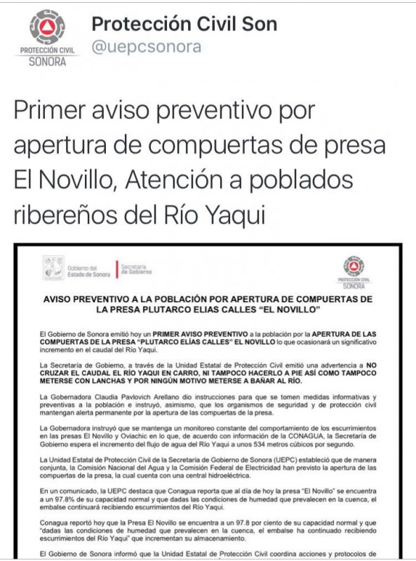 Alerta por apertura de compuertas en presa El Novillo