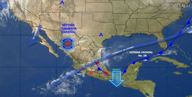 Frente frío 28 ocasionará lluvias en la mayor parte del país