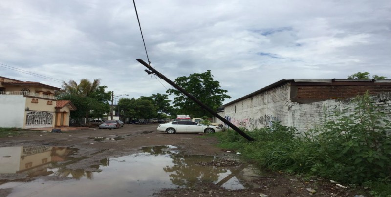 Precaución, poste de teléfono se encuentra sostenido por cables