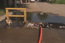 Brotan aguas negras en calle de colonia Humaya.